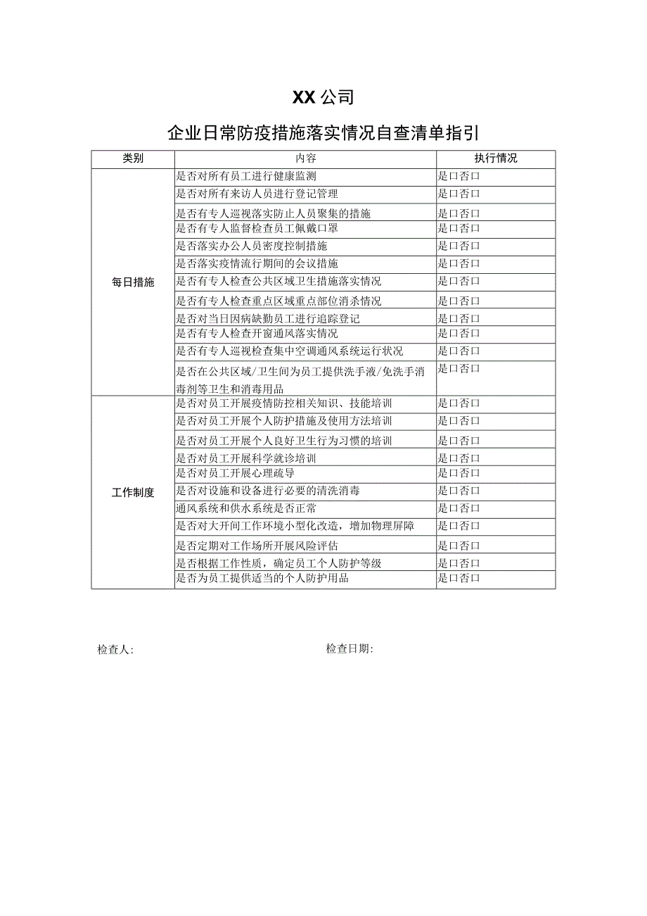 XX公司企业XX防疫措施落实情况自查清单指引（2023年）.docx_第1页