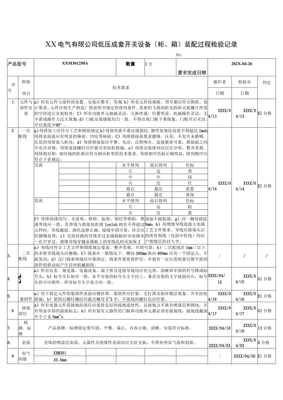 XX电气有限公司低压成套开关设备（柜、箱）装配过程检验记录（2023年）.docx_第1页