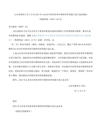 山东省教育厅关于公布2023年山东省乡村优秀青年教师培养奖励计划人选的通知.docx