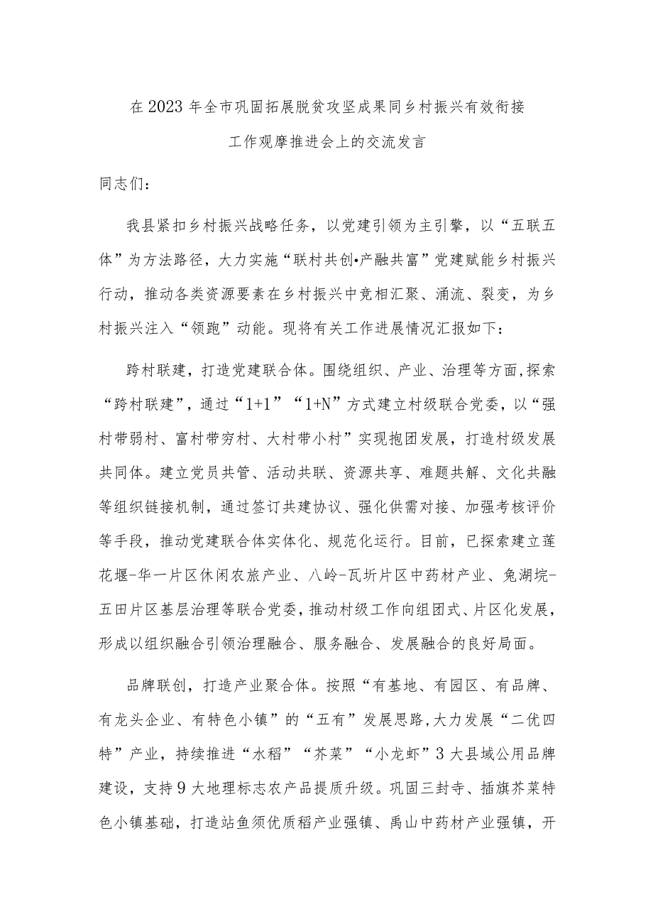 在2023年全市巩固拓展脱贫攻坚成果同乡村振兴有效衔接工作观摩推进会上的交流发言.docx_第1页