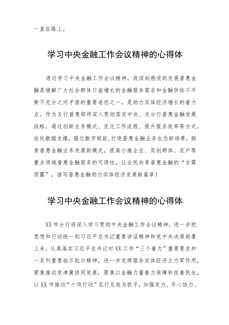 2023中央金融工作会议精神学习感悟简要发言21篇.docx_第2页