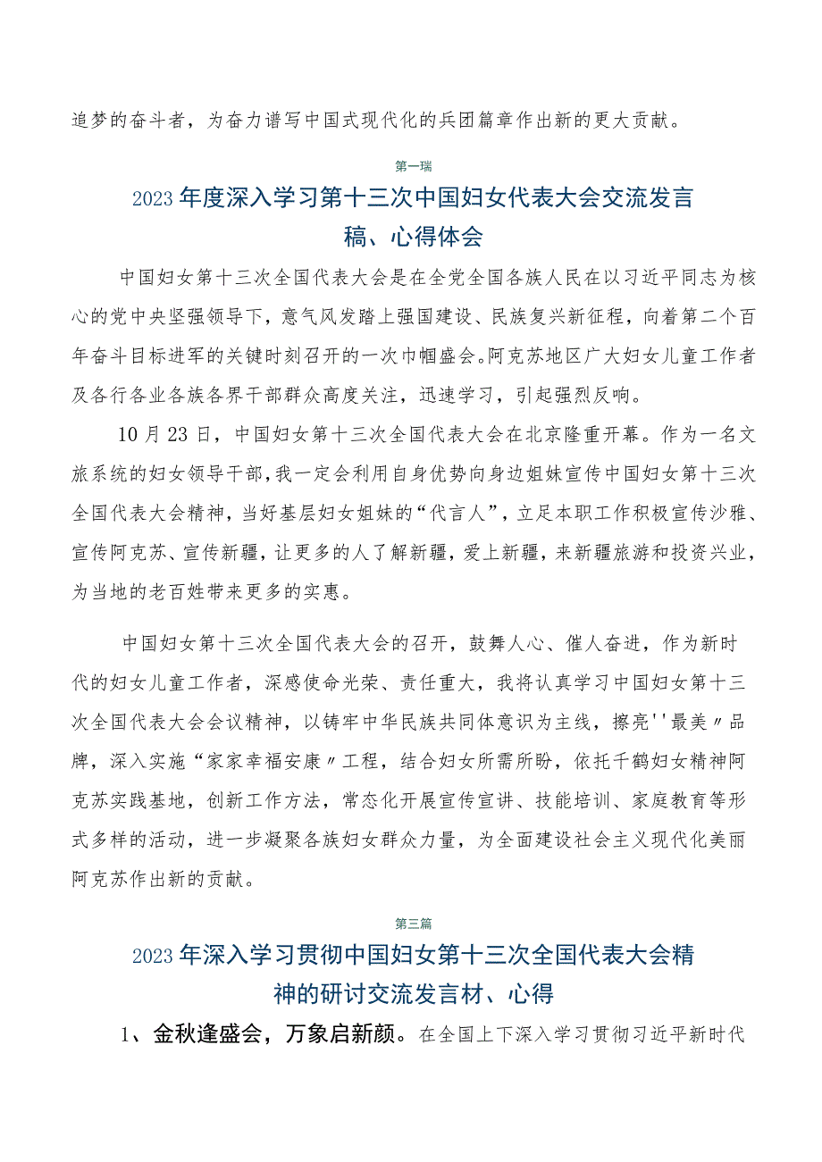 2023年度中国妇女第十三次全国代表大会胜利召开学习研讨发言材料及心得体会.docx_第3页