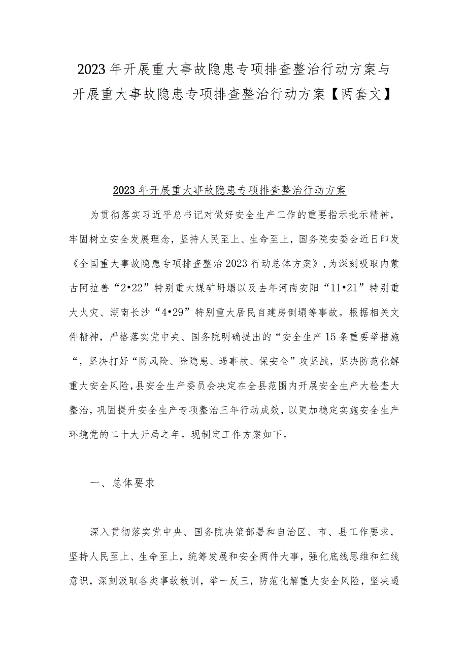 2023年开展重大事故隐患专项排查整治行动方案与开展重大事故隐患专项排查整治行动方案【两套文】.docx_第1页