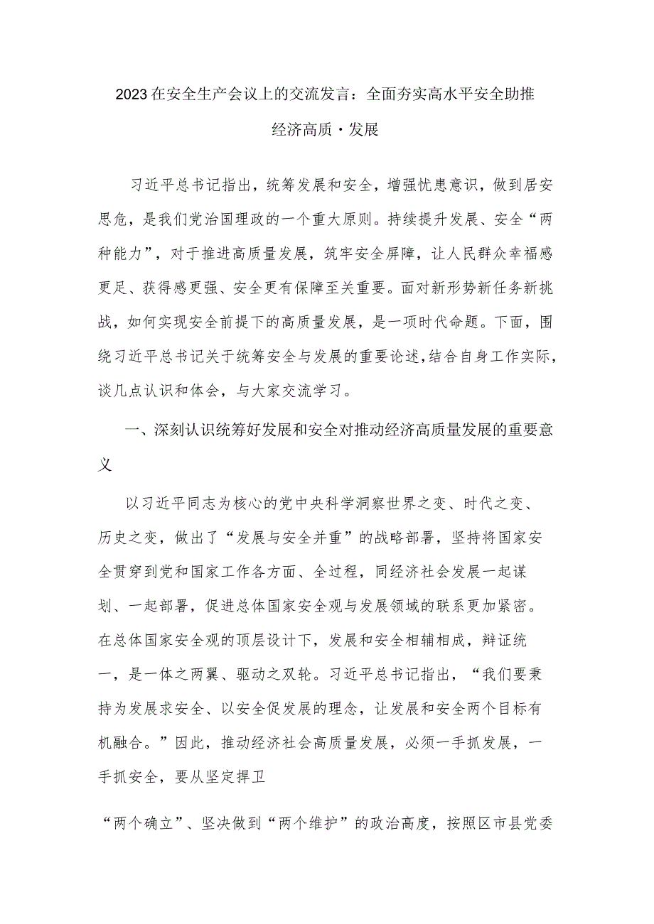 2023在安全生产会议上的交流发言：全面夯实高水平安全助推经济高质量发展.docx_第1页