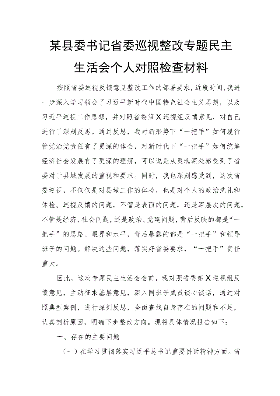 某县委书记省委巡视整改专题民主生活会个人对照检查材料.docx_第1页