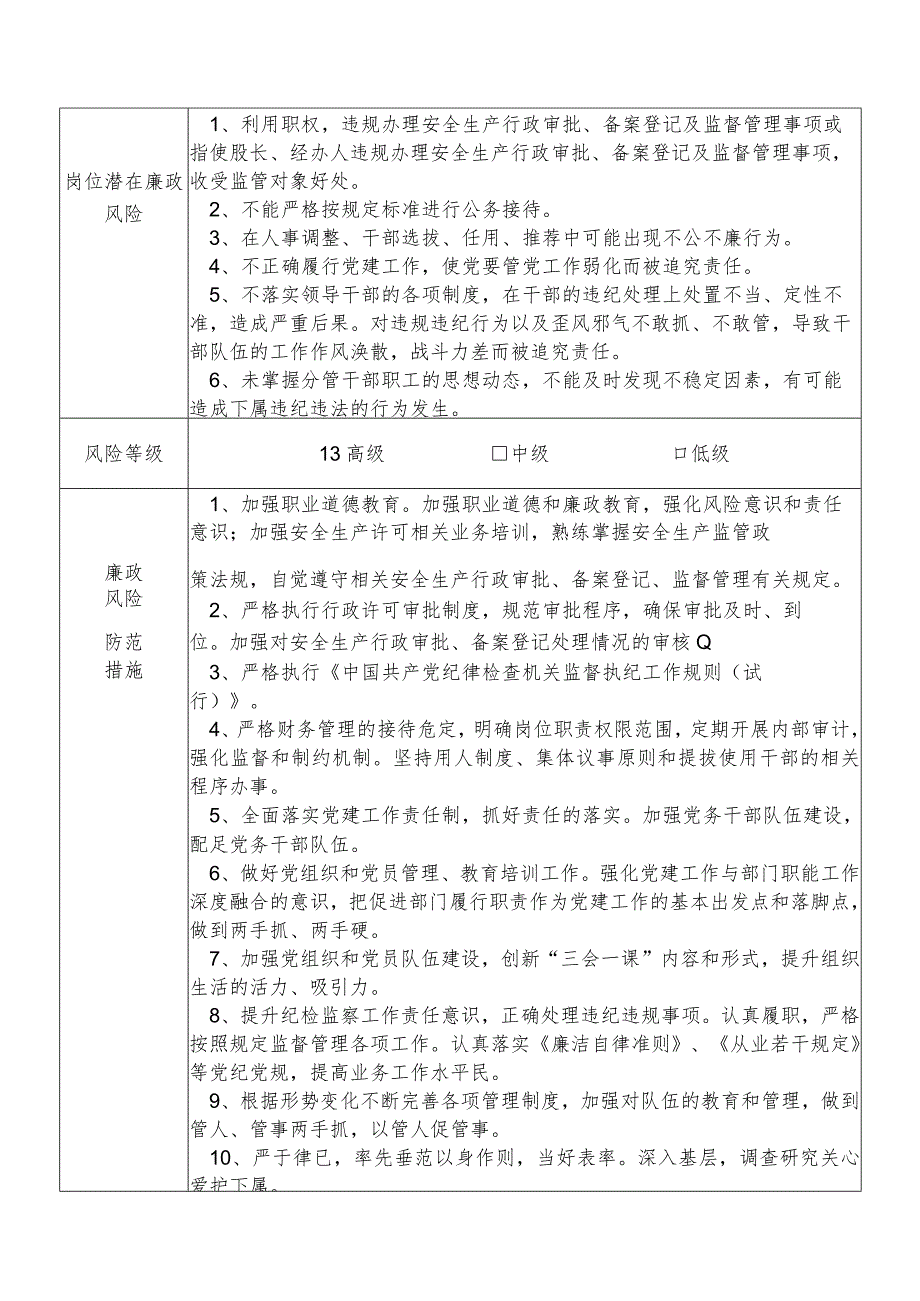 某县应急管理部门分管安全生产行政审批备案登记及监督管理办公室党务人事纪检监察机关工青妇等副职个人岗位廉政风险点排查登记表.docx_第2页