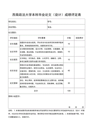 西南政法大学本科毕业论文设计成绩评定表.docx