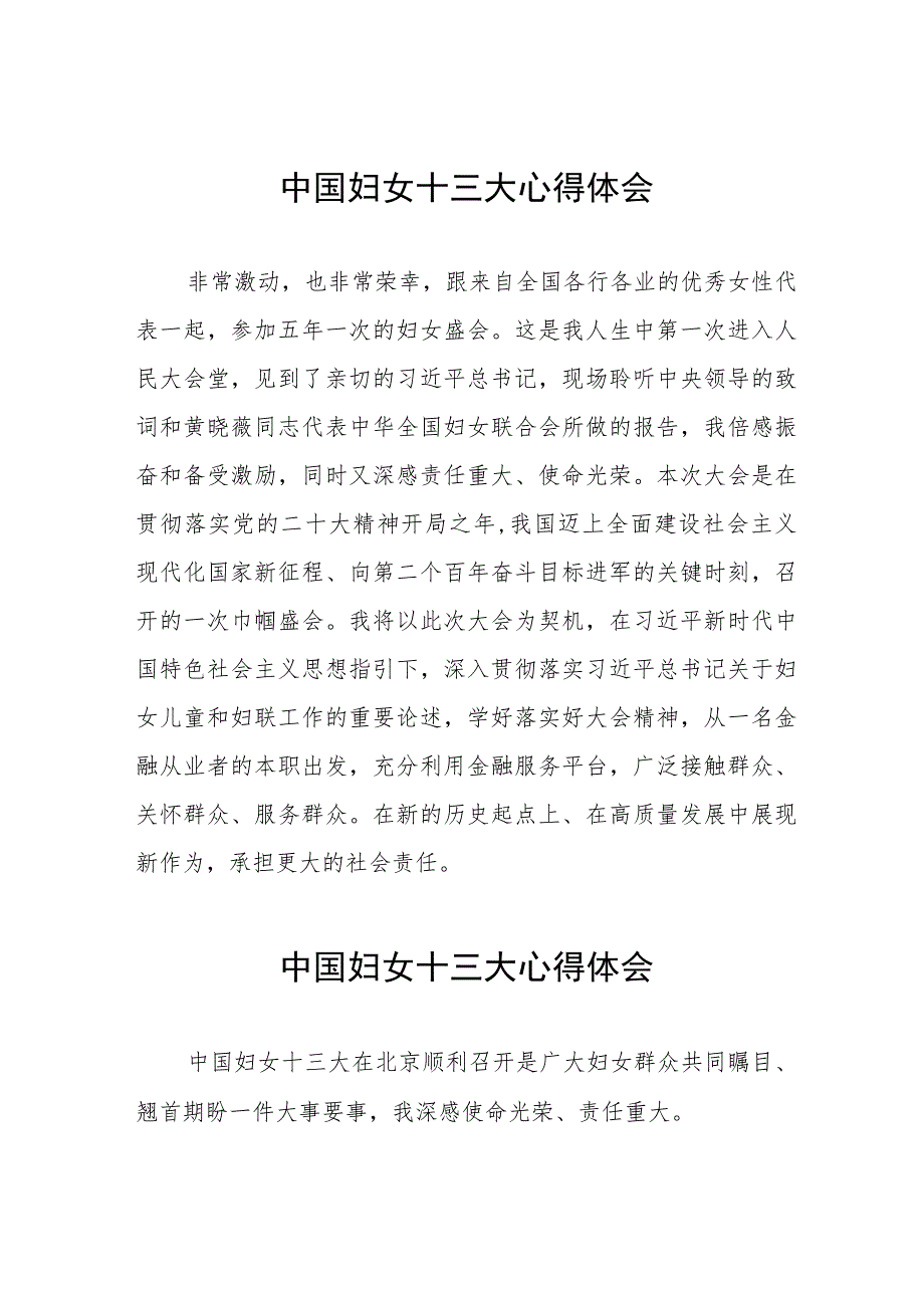 2023年关于中国妇女第十三次全国代表大会的心得体会十篇.docx_第1页