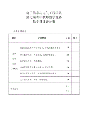 电子信息与电气工程学院第七届青年教师教学竞赛教学设计评分表.docx