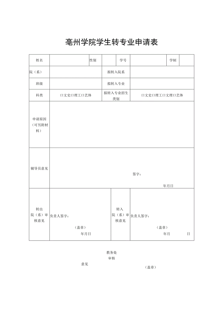 亳州学院学生转专业申请表.docx_第1页