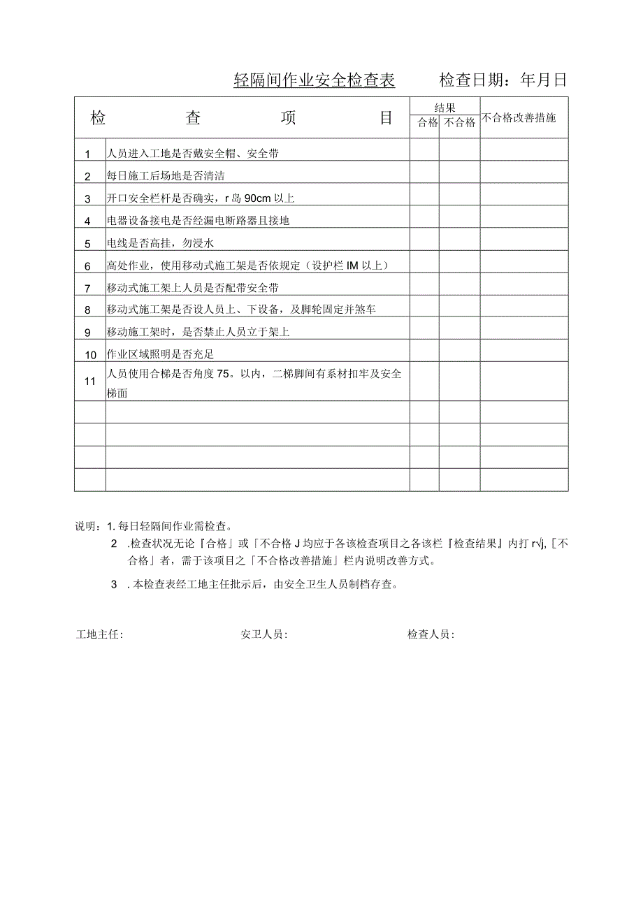 轻隔间作业安全检查表检查日期年月日.docx_第1页