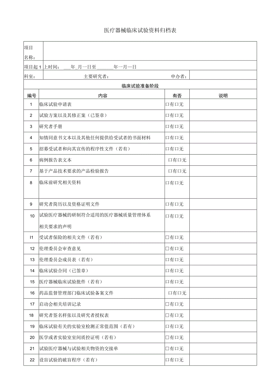 医疗器械临床试验资料归档表.docx_第1页