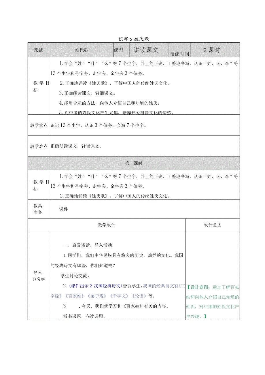 识字2 姓氏歌 教学教案.docx_第1页