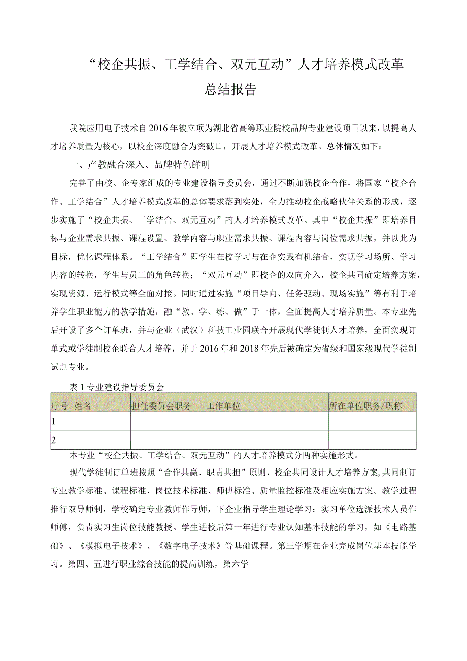 “校企共振、工学结合、双元互动”人才培养模式改革总结报告.docx_第1页