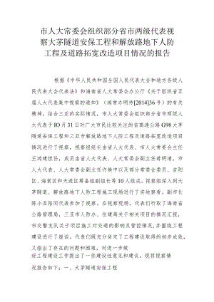 市人大常委会组织部分省市两级代表视察大茅隧道安保工程和解放路地下人防工程及道路拓宽改造项目情况的报告.docx