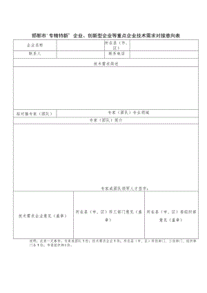 邯郸市“专精特新”企业、创新型企业等重点企业技术需求对接意向表.docx