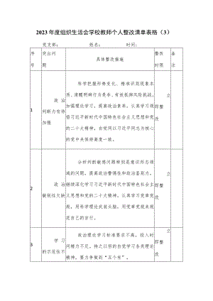 2023年度组织生活会学校教师个人整改清单表格（3）.docx