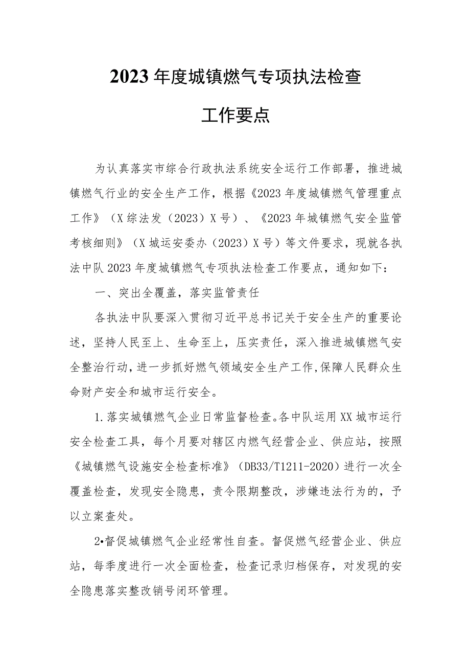 2023年度城镇燃气专项执法检查工作要点.docx_第1页