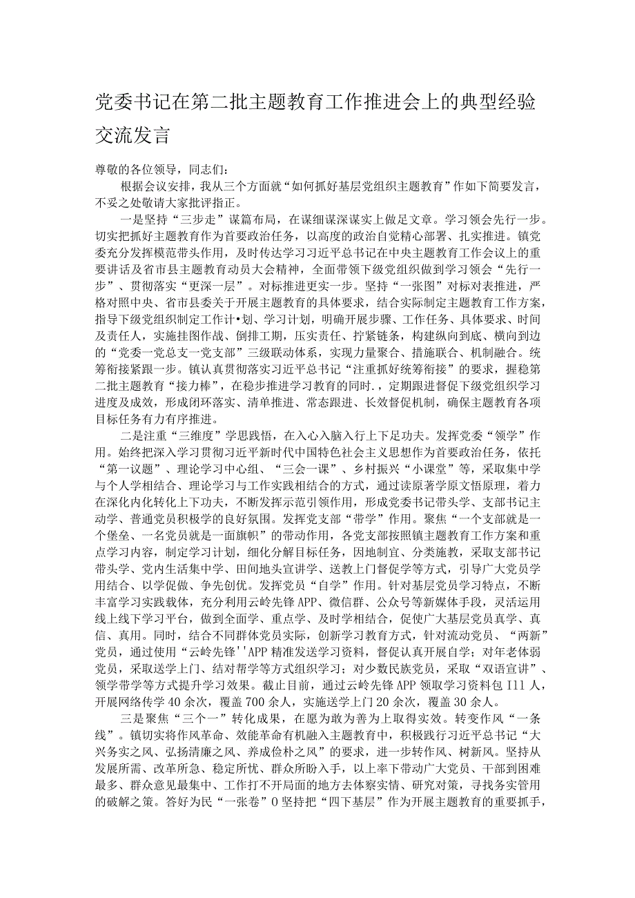 党委书记在第二批主题教育工作推进会上的典型经验交流发言.docx_第1页