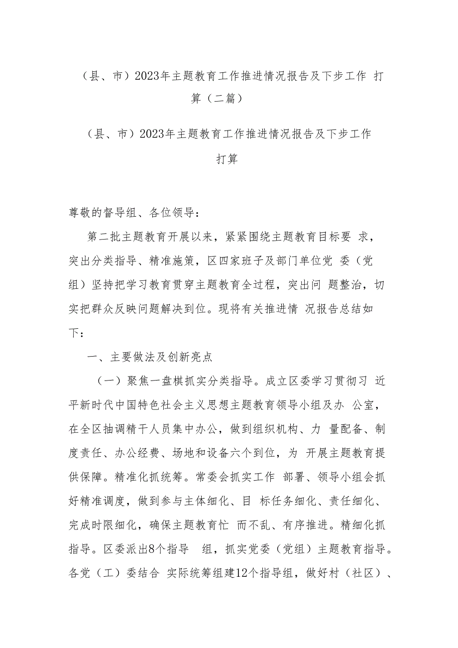 （县、市）2023年主题教育工作推进情况报告及下步工作打算（二篇）.docx_第1页