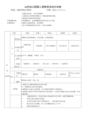 山村幼儿园第二周教育活动计划表.docx