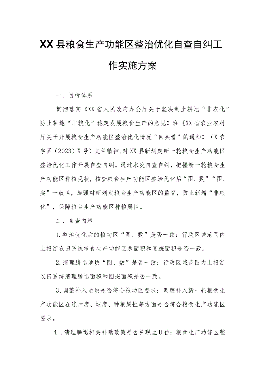 XX县粮食生产功能区整治优化自查自纠工作实施方案.docx_第1页