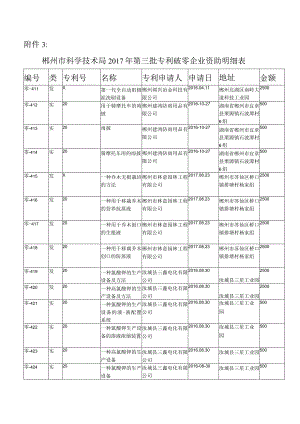 郴州市科学技术局2017年第三批专利破零企业资助明细表.docx