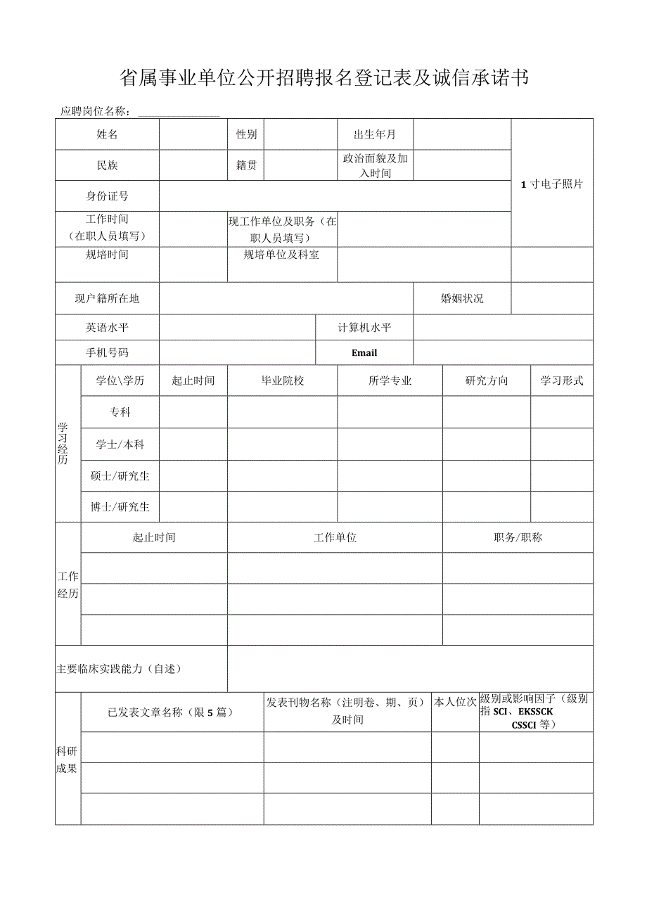 省属事业单位公开招聘报名登记表及诚信承诺书.docx_第1页