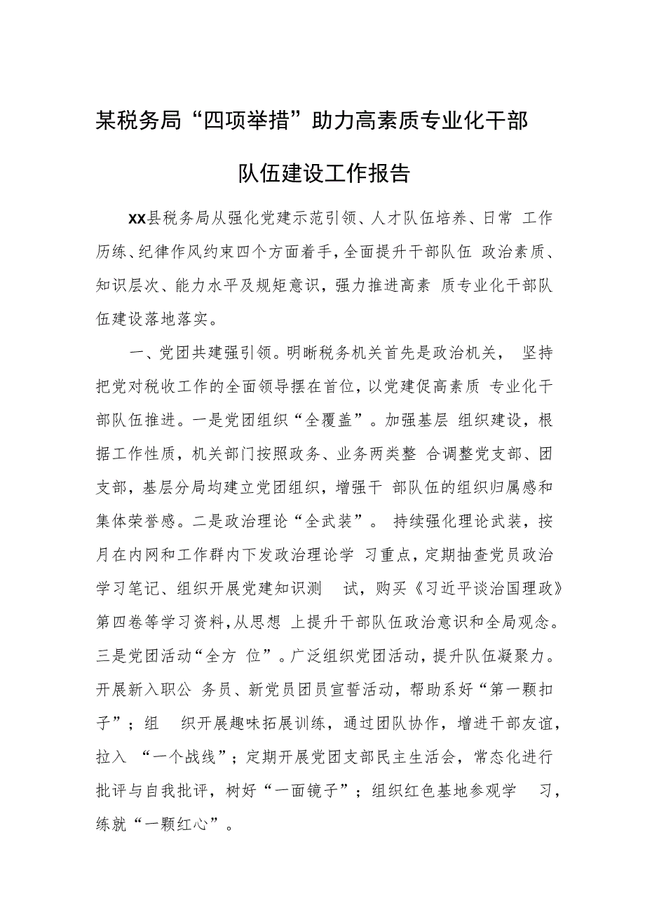 某税务局“四项举措”助力高素质专业化干部队伍建设工作报告.docx_第1页