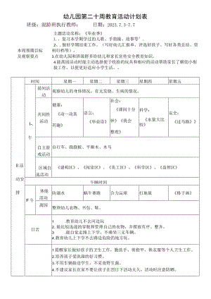 幼儿园第二十周教育活动计划表.docx