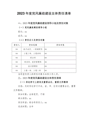 2023年度党风廉政建设主体责任清单.docx