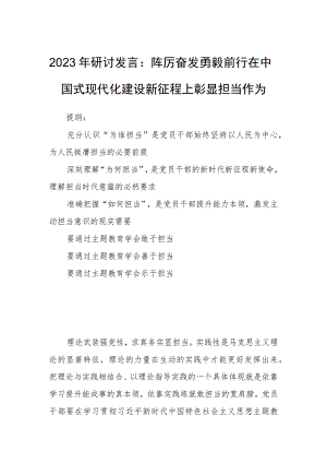 2023年研讨发言：踔厉奋发勇毅前行在中国式现代化建设新征程上彰显担当作为.docx