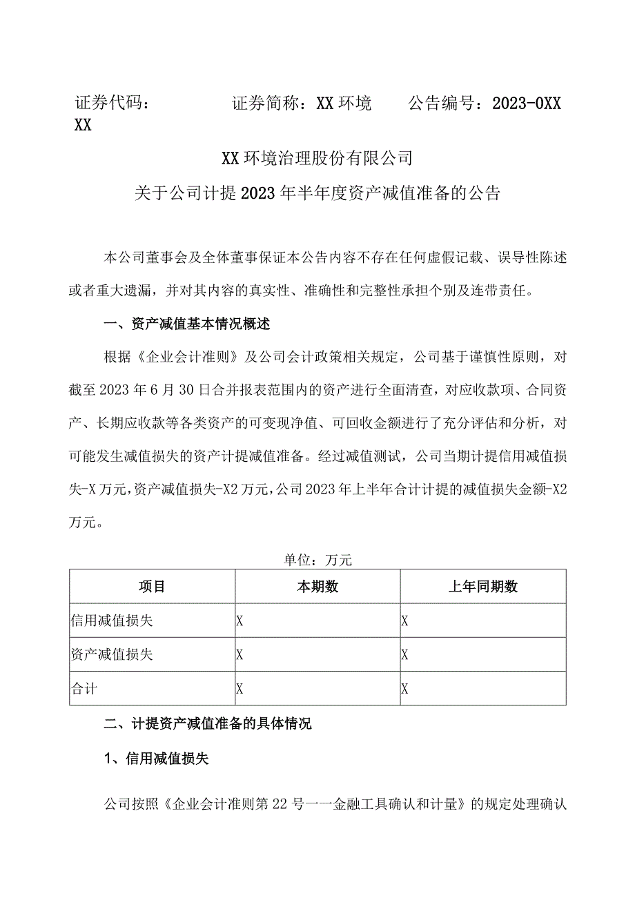 XX环境治理股份有限公司关于公司计提2023年半年度资产减值准备的公告.docx_第1页