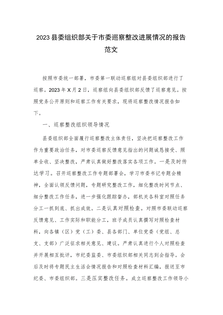 2023县委组织部关于市委巡察整改进展情况的报告范文.docx_第1页