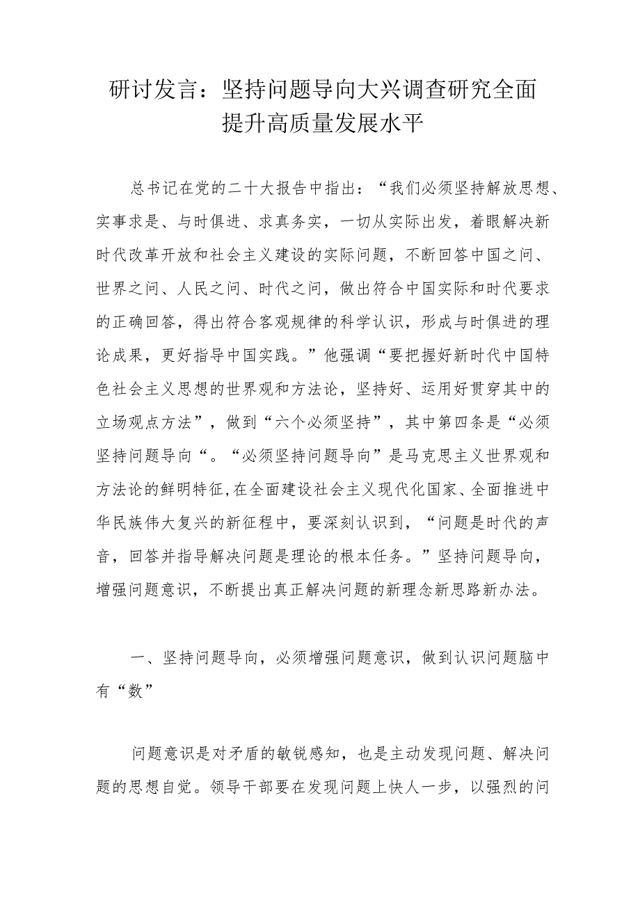 研讨发言：坚持问题导向大兴调查研究全面提升高质量发展水平.docx_第1页