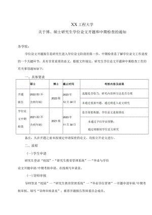 XX工程大学关于2022级博、硕士研究生学位论文开题和中期检查的通知.docx