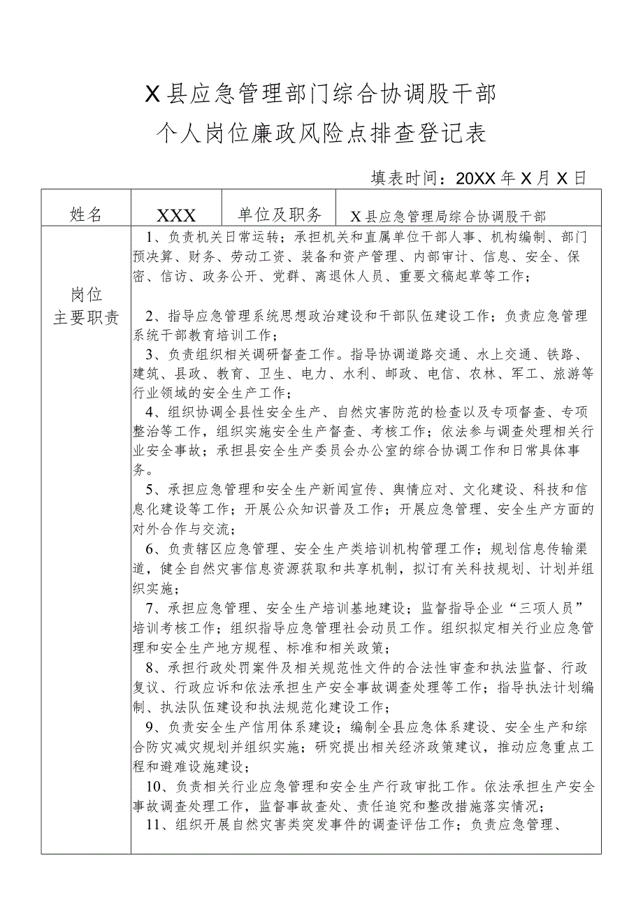 某县应急管理部门综合协调股干部个人岗位廉政风险点排查登记表.docx_第1页