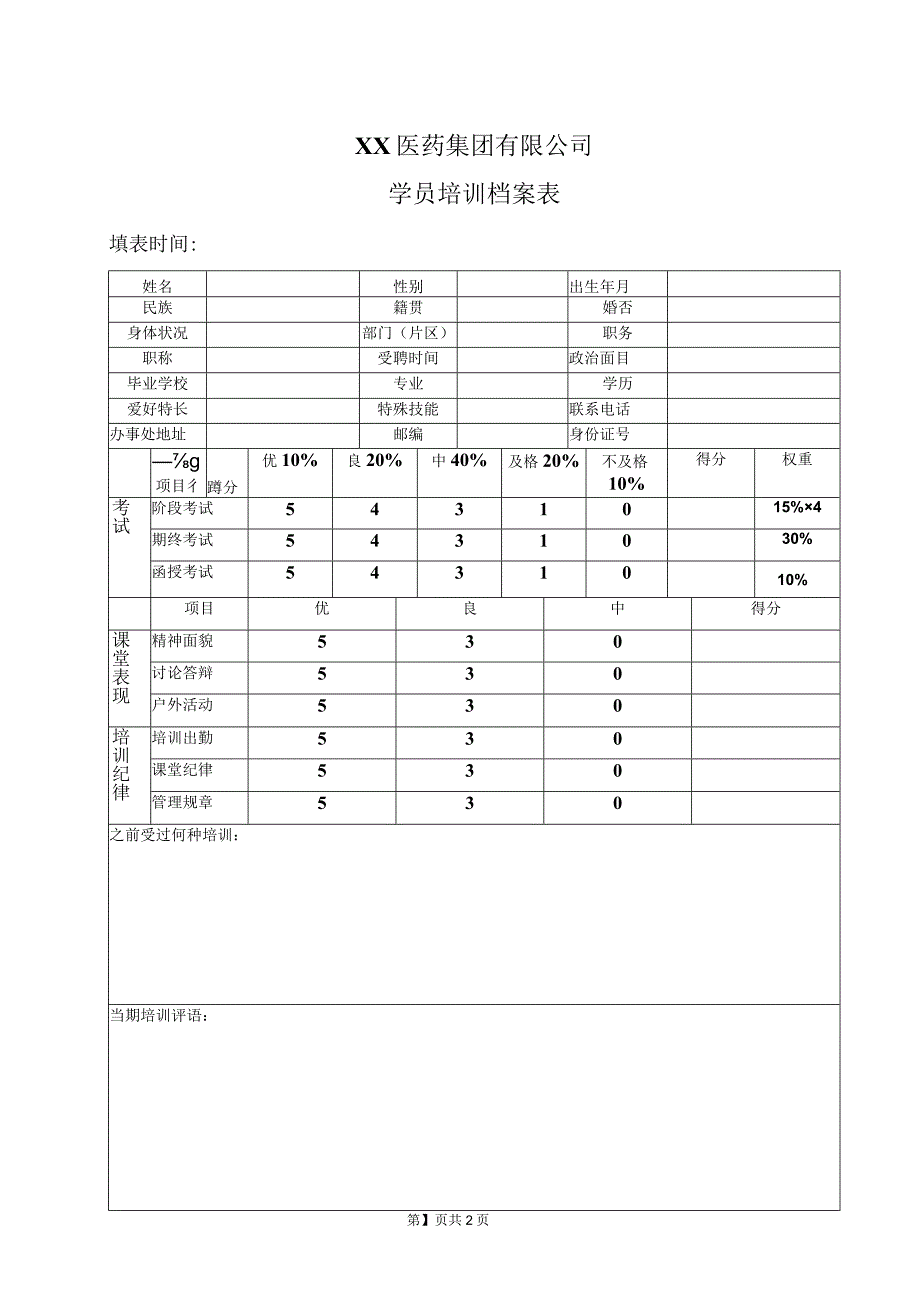 XX医药集团有限公司学员培训档案表（2023年）.docx_第1页