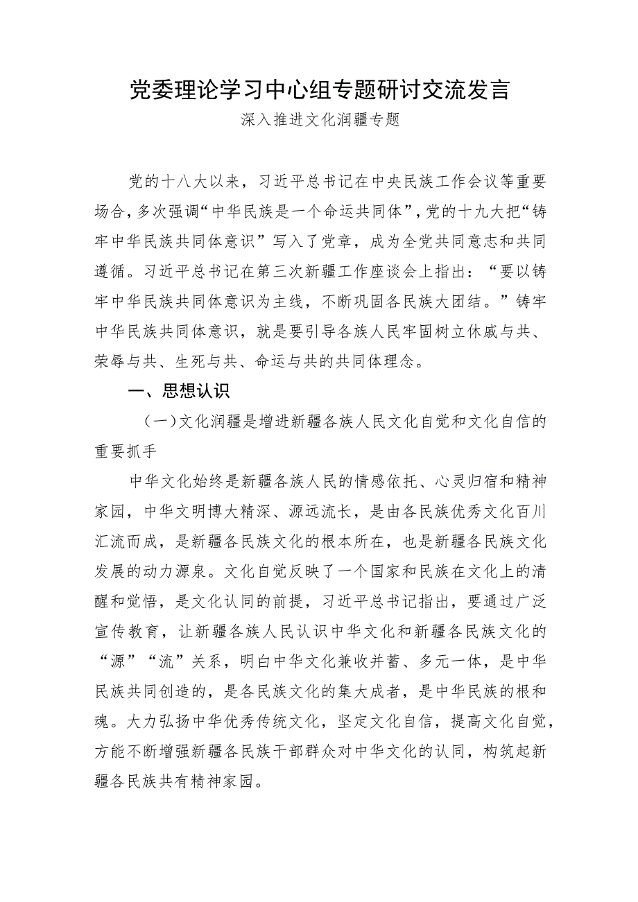 文化润疆+党委理论学习中心组专题研讨交流发言.docx_第1页