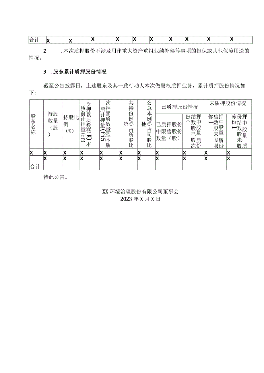 XX环境治理股份有限公司关于实际控制人股权质押的的公告.docx_第2页