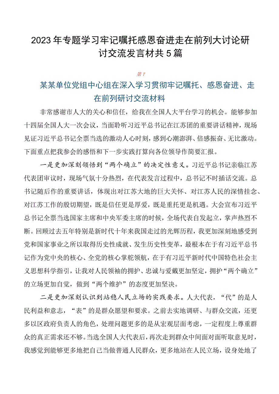 2023年专题学习牢记嘱托感恩奋进走在前列大讨论研讨交流发言材共5篇.docx_第1页