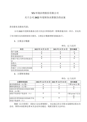 XX环境治理股份有限公司关于公司2022年度财务决算报告的议案.docx