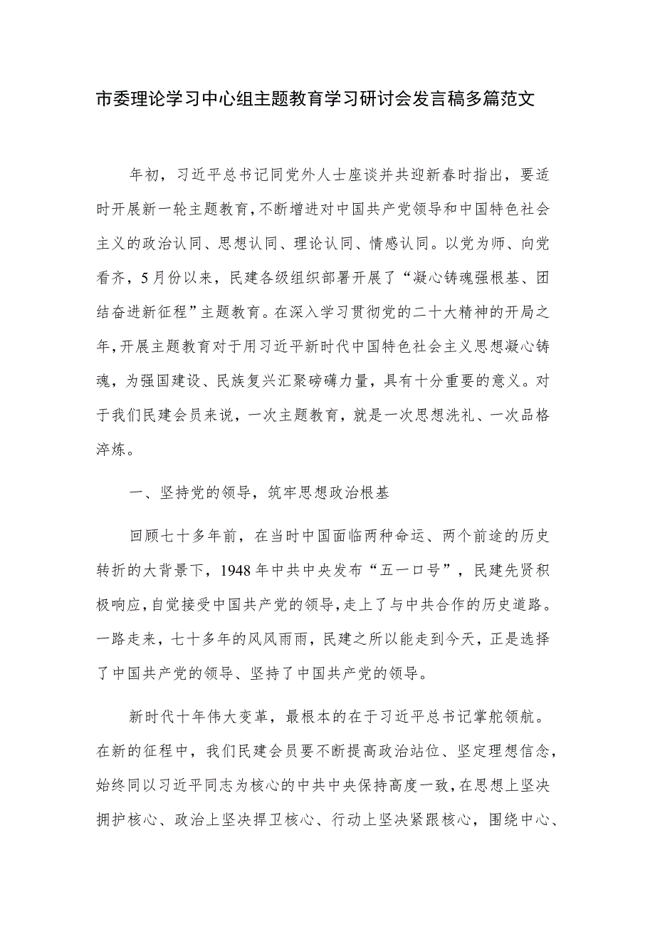 市委理论学习中心组主题教育学习研讨会发言稿多篇范文.docx_第1页