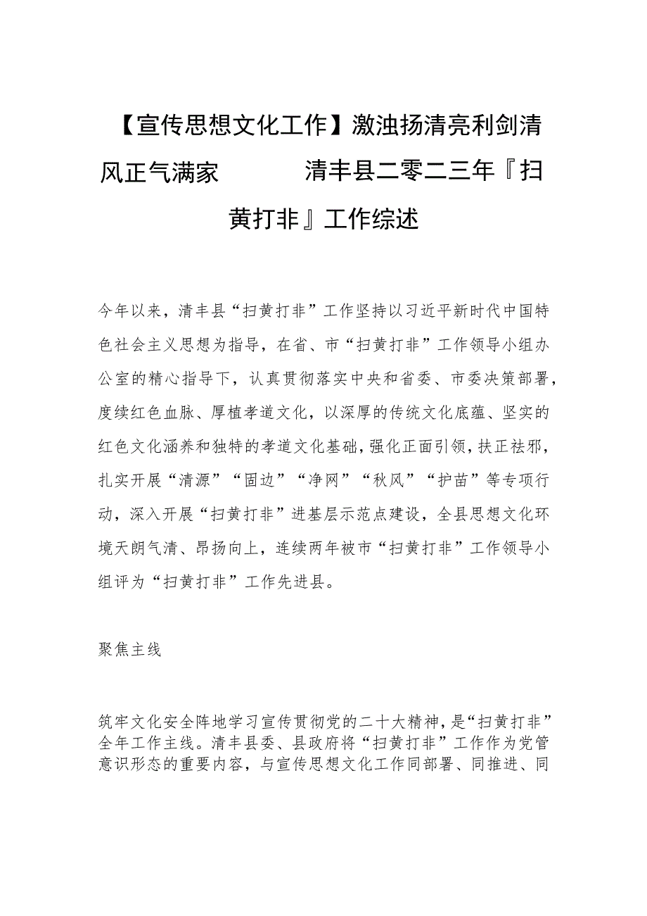 【宣传思想文化工作】激浊扬清亮利剑 清风正气满家园—— 清丰县二零二三年扫黄打非工作综述.docx_第1页