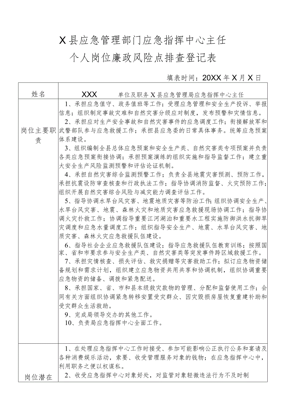 某县应急管理部门应急指挥中心主任个人岗位廉政风险点排查登记表.docx_第1页