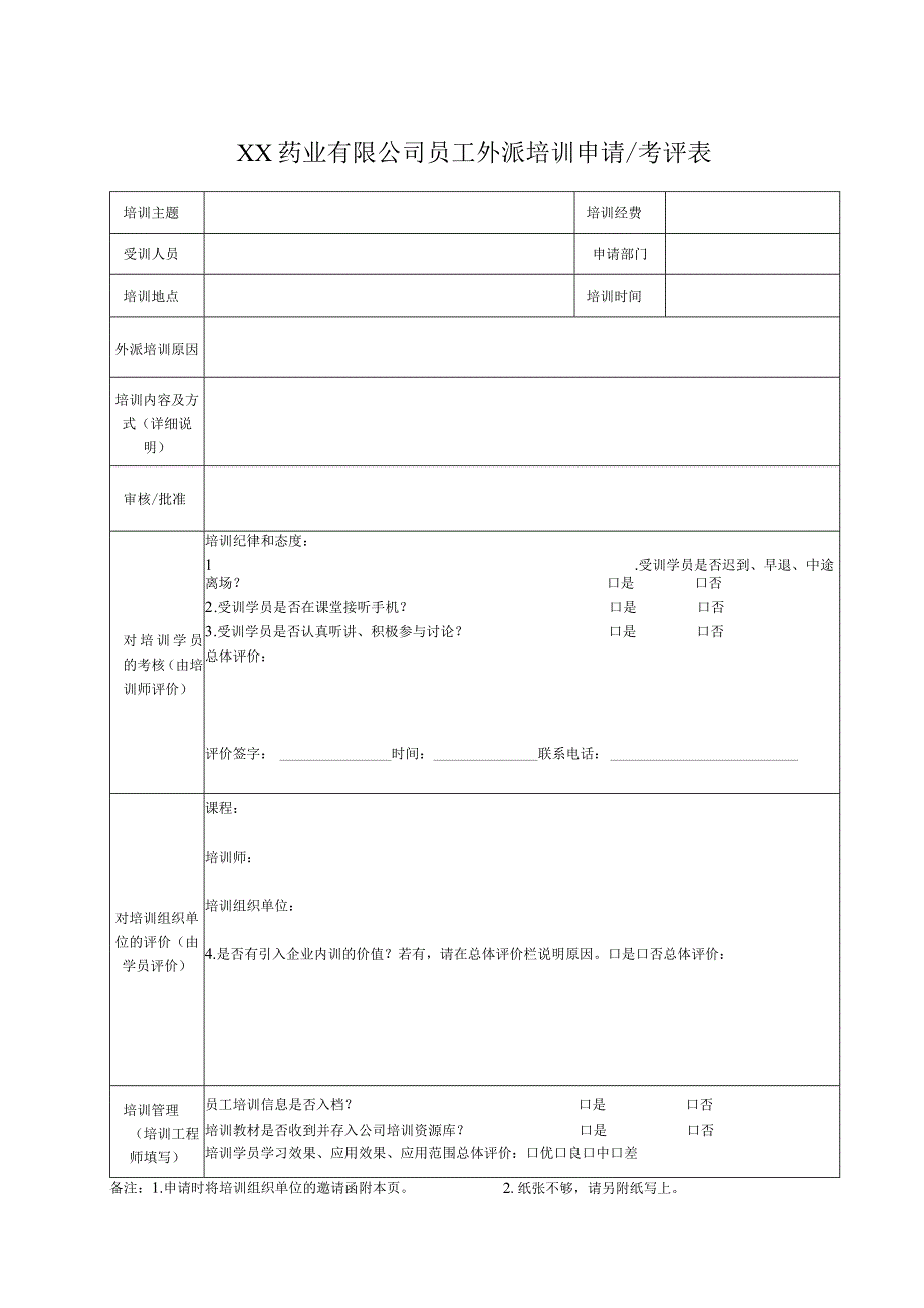 XX药业有限公司员工外派培训申请考评表（2023年）.docx_第1页