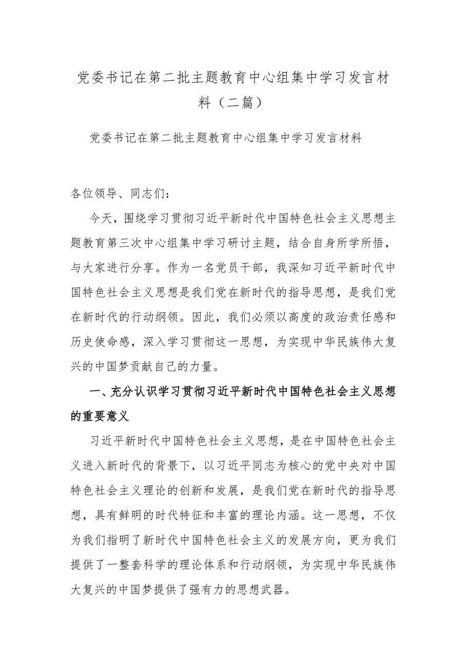 党委书记在第二批主题教育中心组集中学习发言材料(二篇).docx_第1页