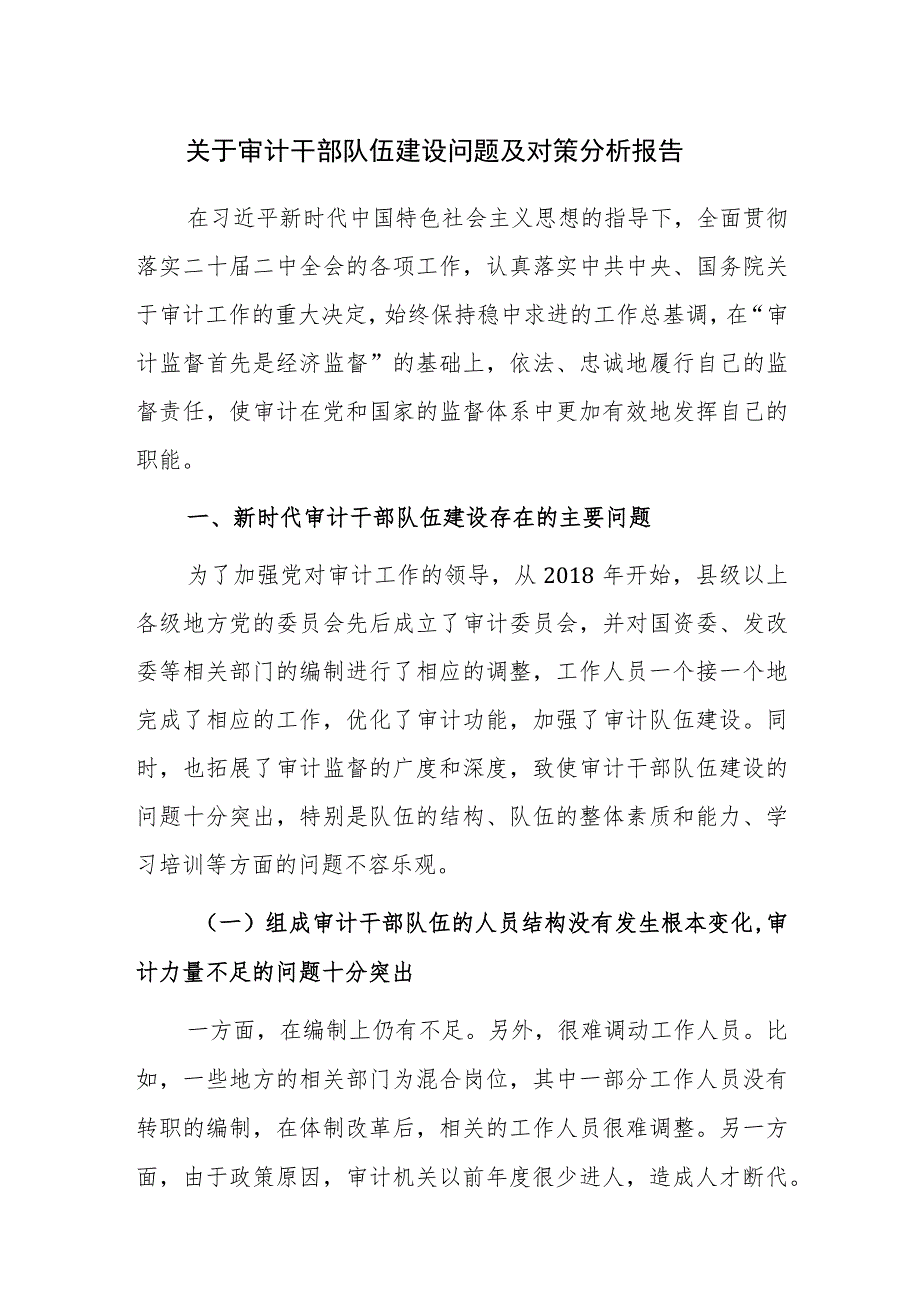 关于审计干部队伍建设问题及对策分析报告范文.docx_第1页