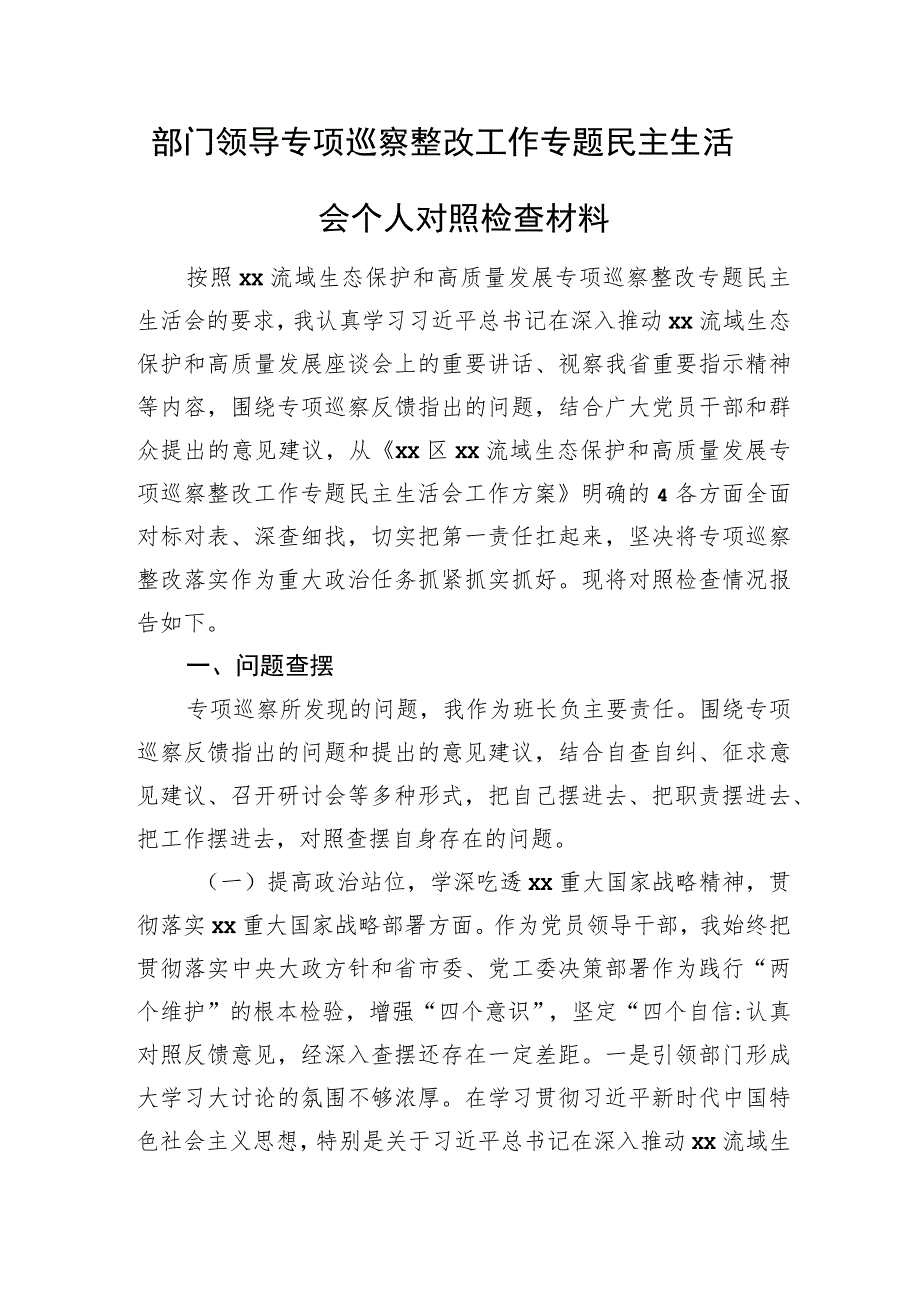 部门领导专项巡察整改工作专题民主生活会个人对照检查材料.docx_第1页