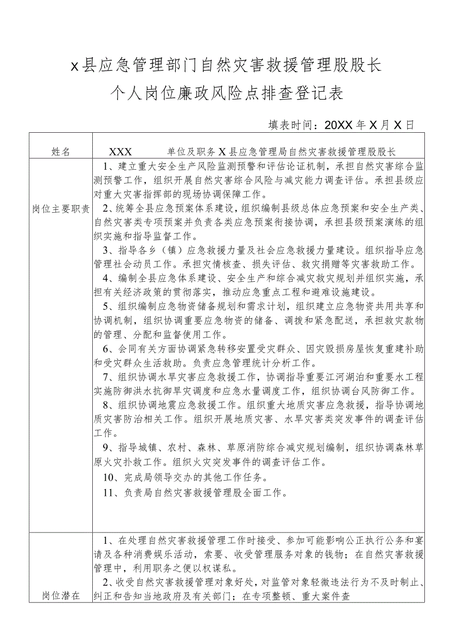 某县应急管理部门自然灾害救援管理股股长个人岗位廉政风险点排查登记表.docx_第1页